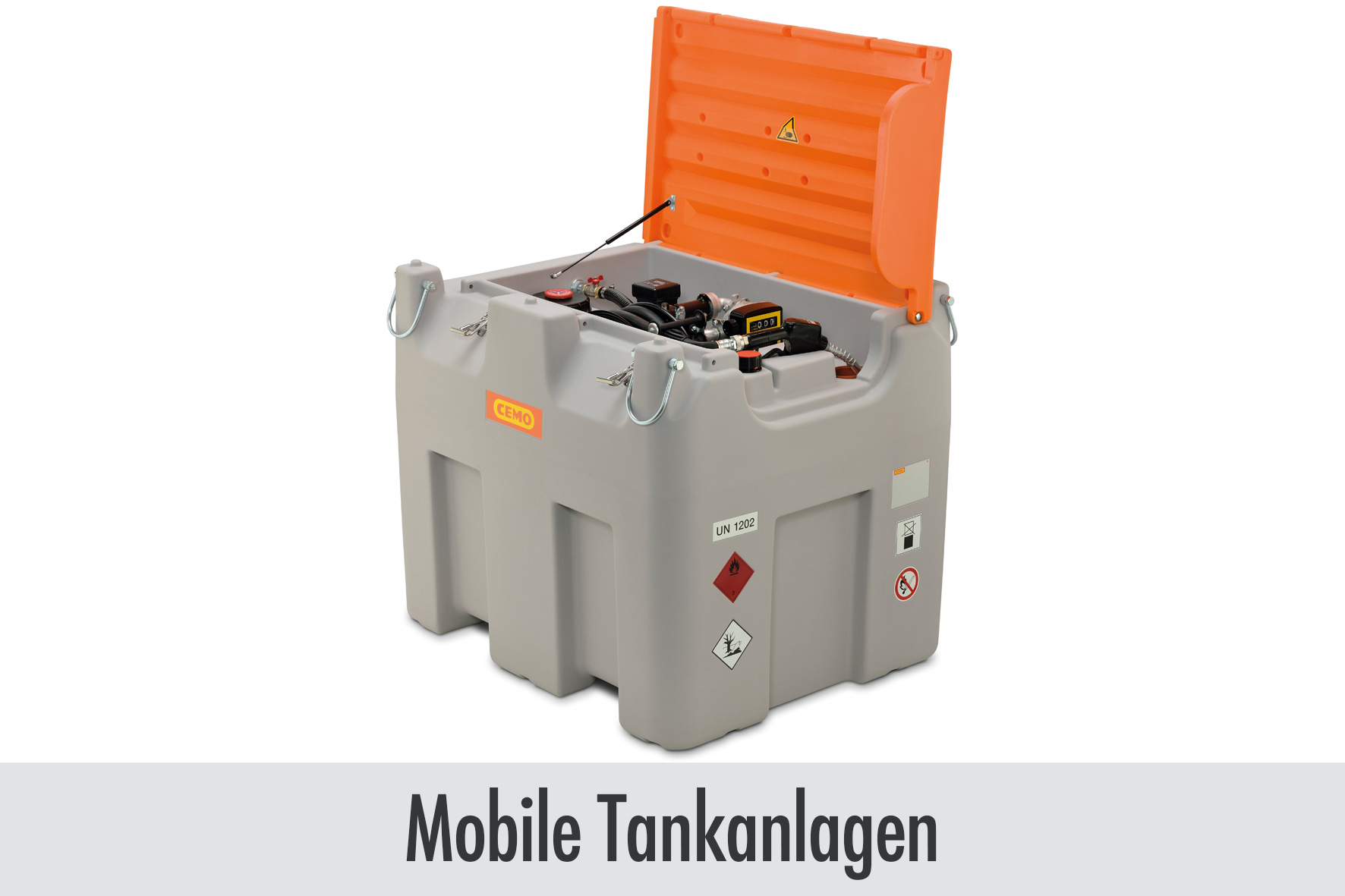 mobiler Tank, Chemikalienfass, Kraftstoffbehälter, oranges Deckel, UN 1202, mobile Tank, Diesel Tank, Oranger Deckel, Grauer Behälter, UN 1202, mobiler Tank, Kraftstofftank, orange Deckel, UN 1202, Container