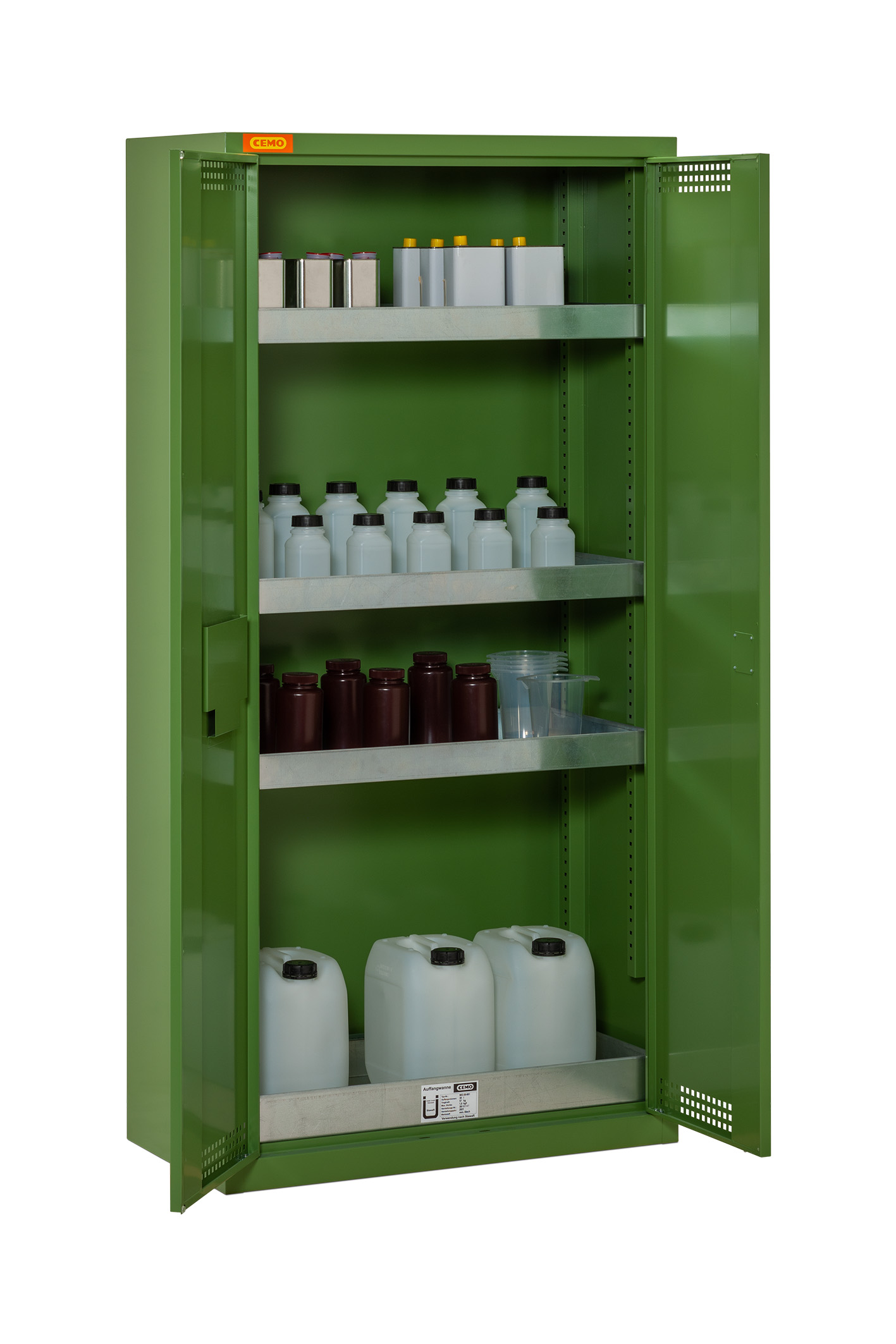 11393_Pflanzenschutzmittel-Schrank_offen_2021-03 Beispiel Pflanzenschutzmittel-Schrank 10/20 mit 3x Wannenboden und 1x Bodenauffangwanne (Lieferung ohne Inhalt)