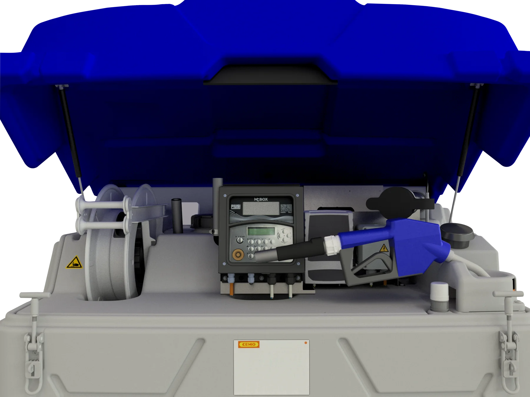Kraftstoffpumpe, Tankpumpe, Dieselpumpe, Industrielle Ausrüstung, blauer Dachüberbau, Tanksäule, Dieselpump, Zapfpistole, Bedienfeld, Blauer Deckel