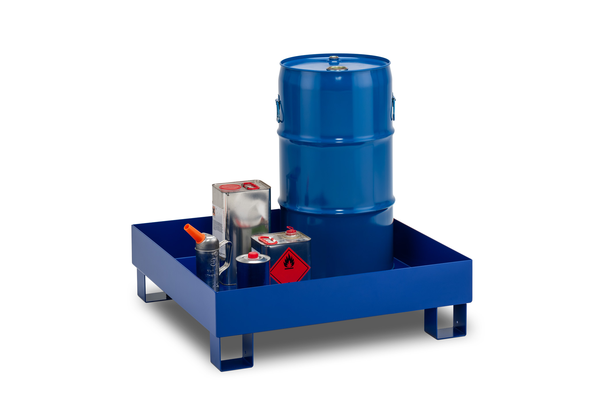 11475_01_SW65-4_2021-02 Lagerbeispiel für Stahlauffangwanne Typ SW65/4 ohne Gitterrost – lackierte Ausführung