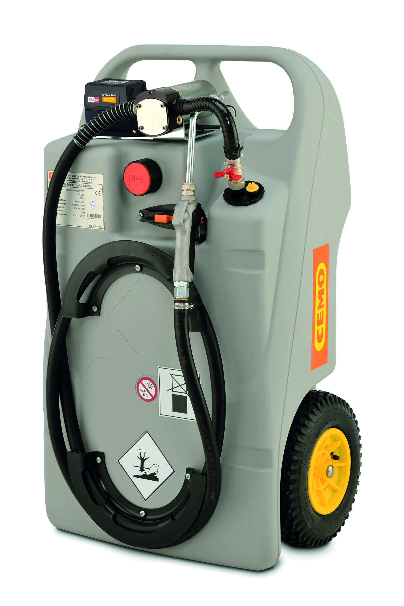 11867_Schmierstoff-Trolley_CAS_100l Cemo Schmierstofftrolley 100 Liter mit CAS-Akkusystem – Lieferung OHNE Akku und Ladegerät