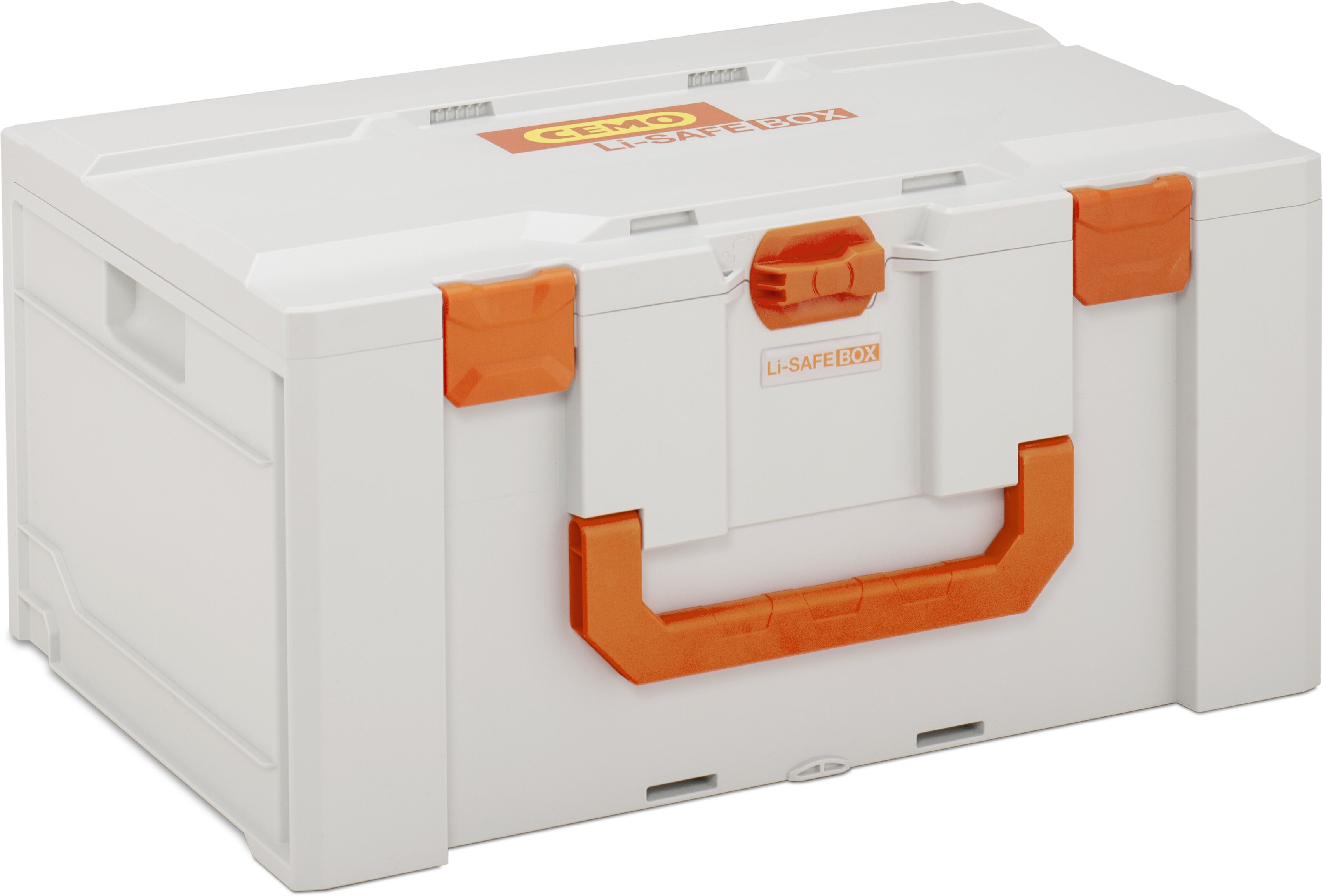Li-Ionen-Akkubox, Kunststoffbox, Weiß-orange, Tragegriff, Sicherheitsbox