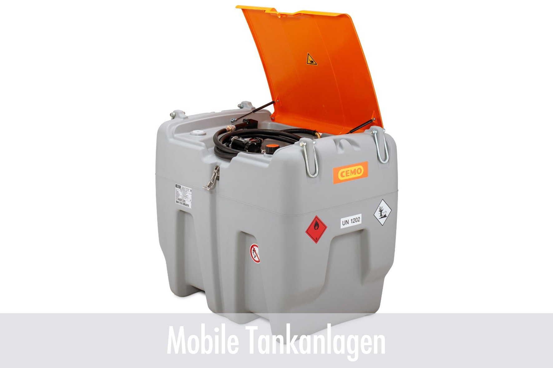 mobiler Tank, Chemikalienfass, Kraftstoffbehälter, oranges Deckel, UN 1202