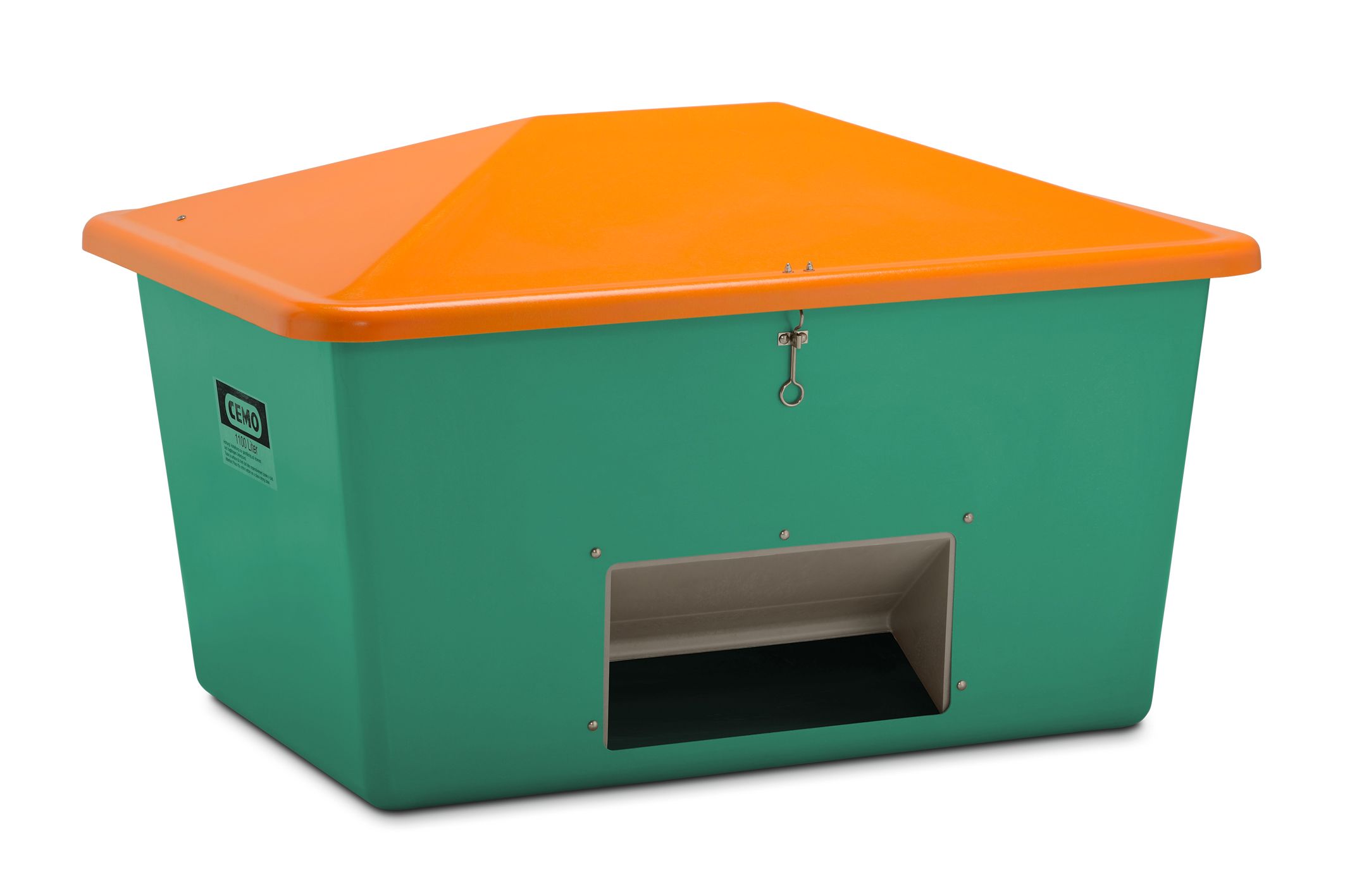 Streugutbehälter aus GFK ab 550 Liter, Entnahmeöffnung,  Behälter grün, Deckel orange