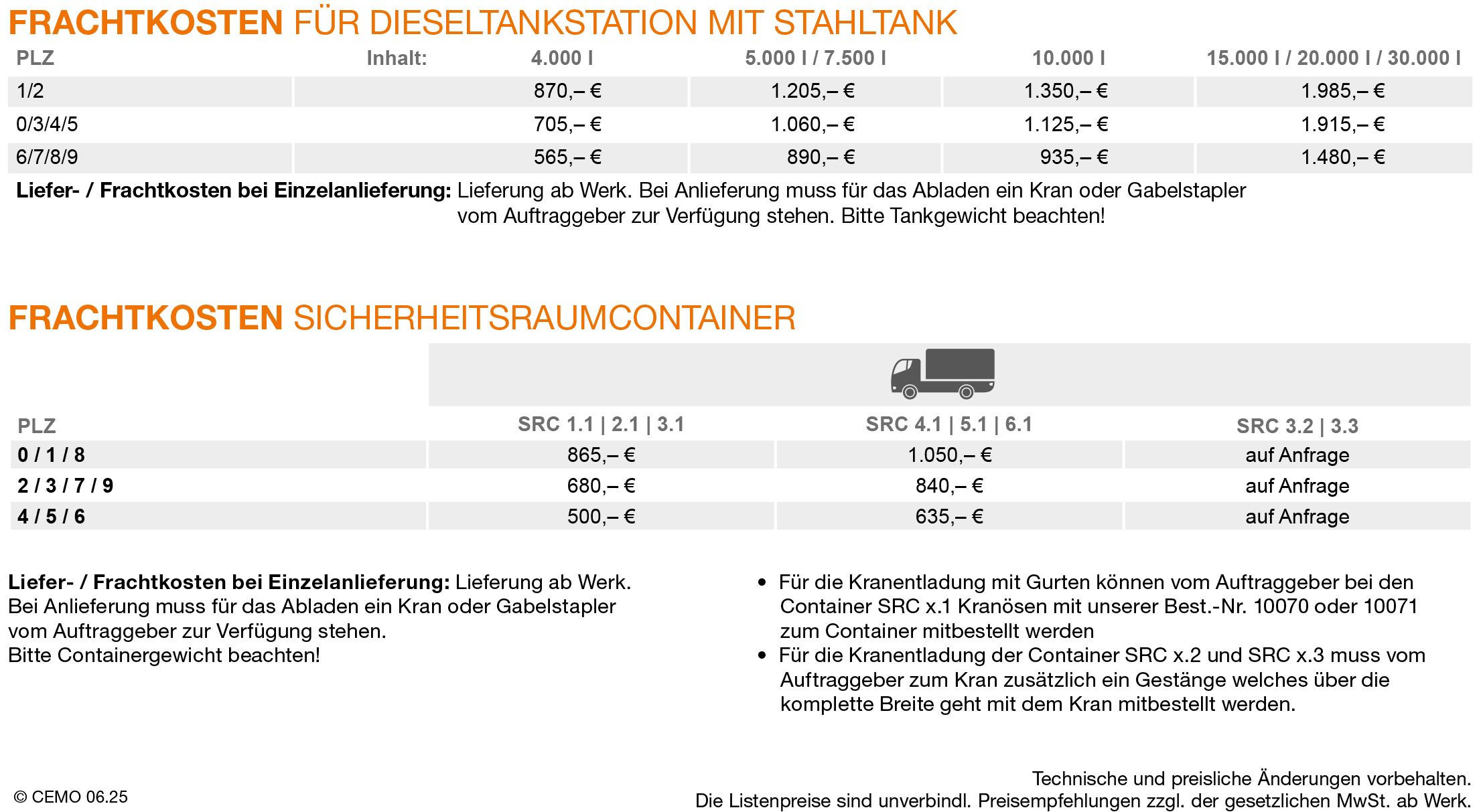 Cemo Frachtkosten für Dieselstahltanks und Raumcontainer 2025-2026