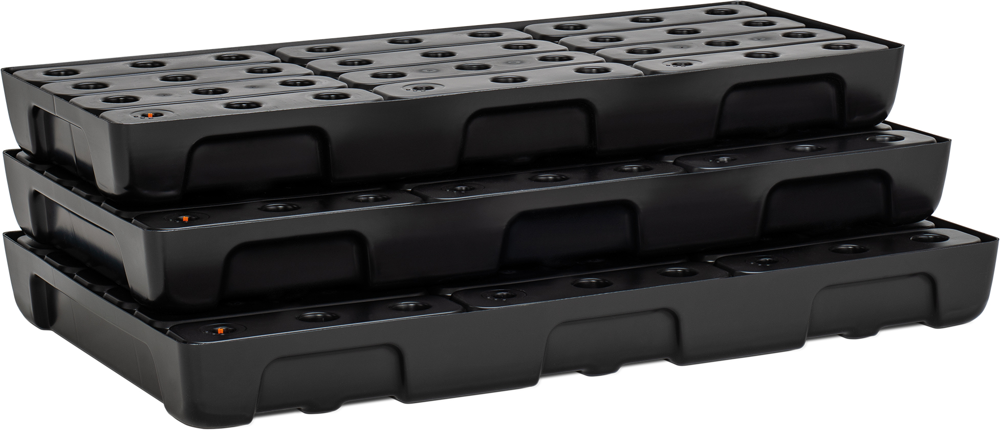 11734-11732-11730_01_PE_Kleingebinde-Regalwannen-gestapelt_PE-Rost_2022-12 PE-Kleingebinde-Regalauffangwannen 10|4 - 10|5 und 10|6 mit PE-Rost gestapelt