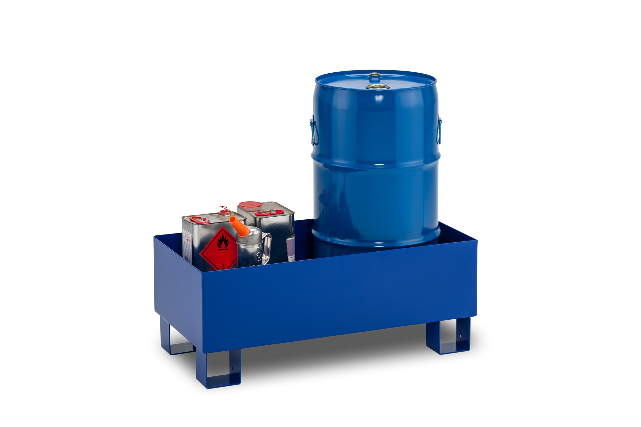 11473_01_SW65-2_2021-02 Lagerbeispiel für Auffangwanne aus Stahl Typ SW65/2 lackiert ohne Gitterrost