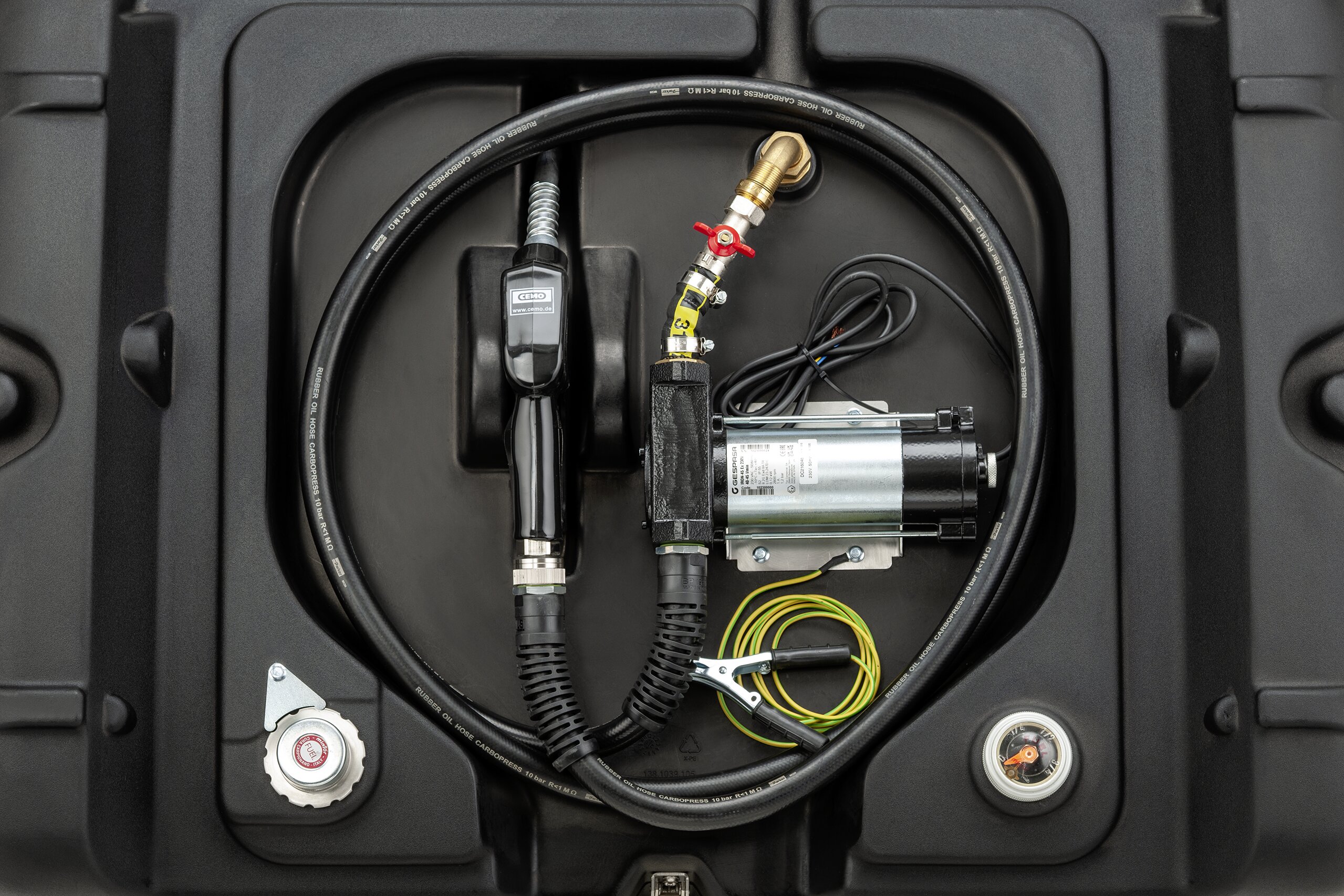Kraftstofftank, Pumpe, Schnellanschluss, Gummischlauch, Elektrische Verkabelung