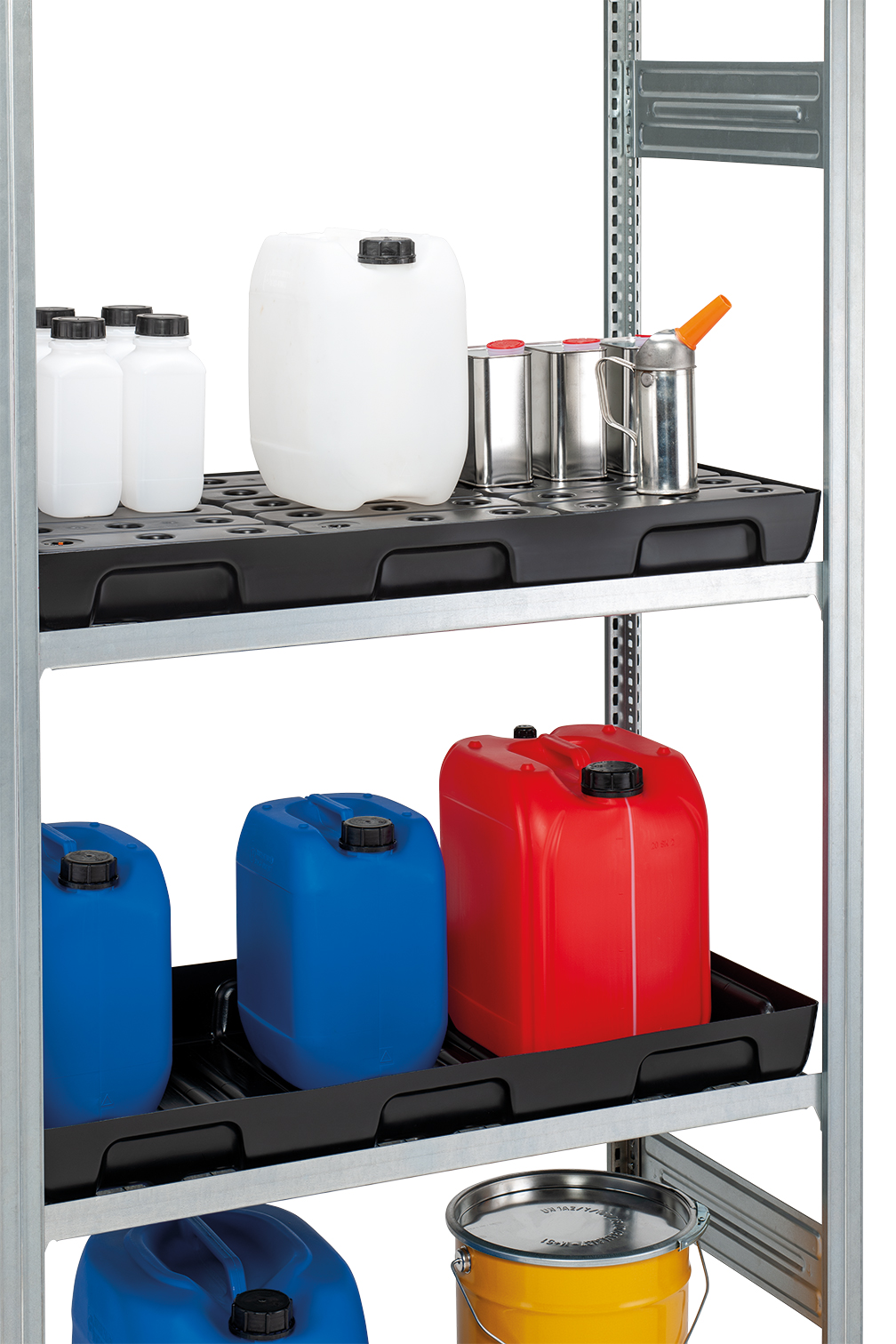 11731_11732_11737_11738_04_-PE_Kleingebinde-Regalwanne_2022-12 PE-Auffangwannen speziell für Kleingebinde in Fachbodenregalen – 3 unterschiedliche Tiefen zum Nachrüsten