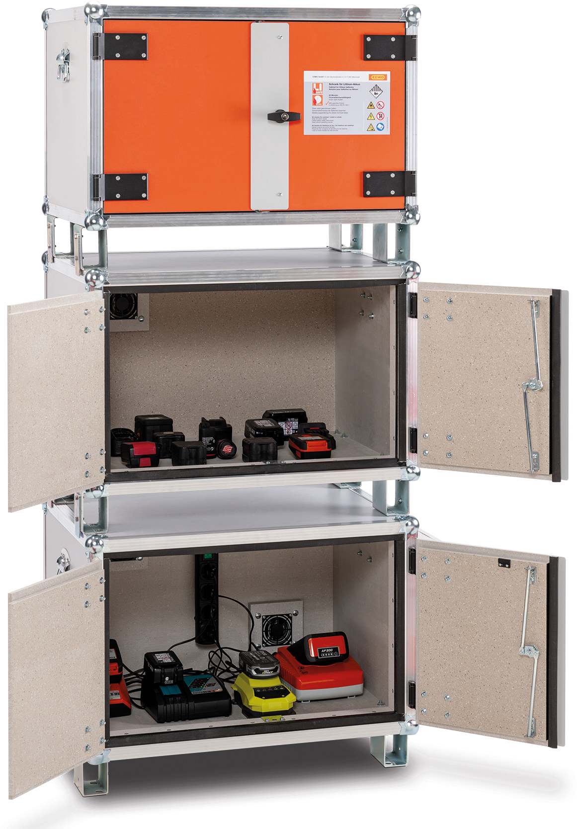 11890_gestapelt Akku-Ladeschrank für Laden und Lagern getrennt – 3fach stapelbar mit Zubehör Stapelfüße