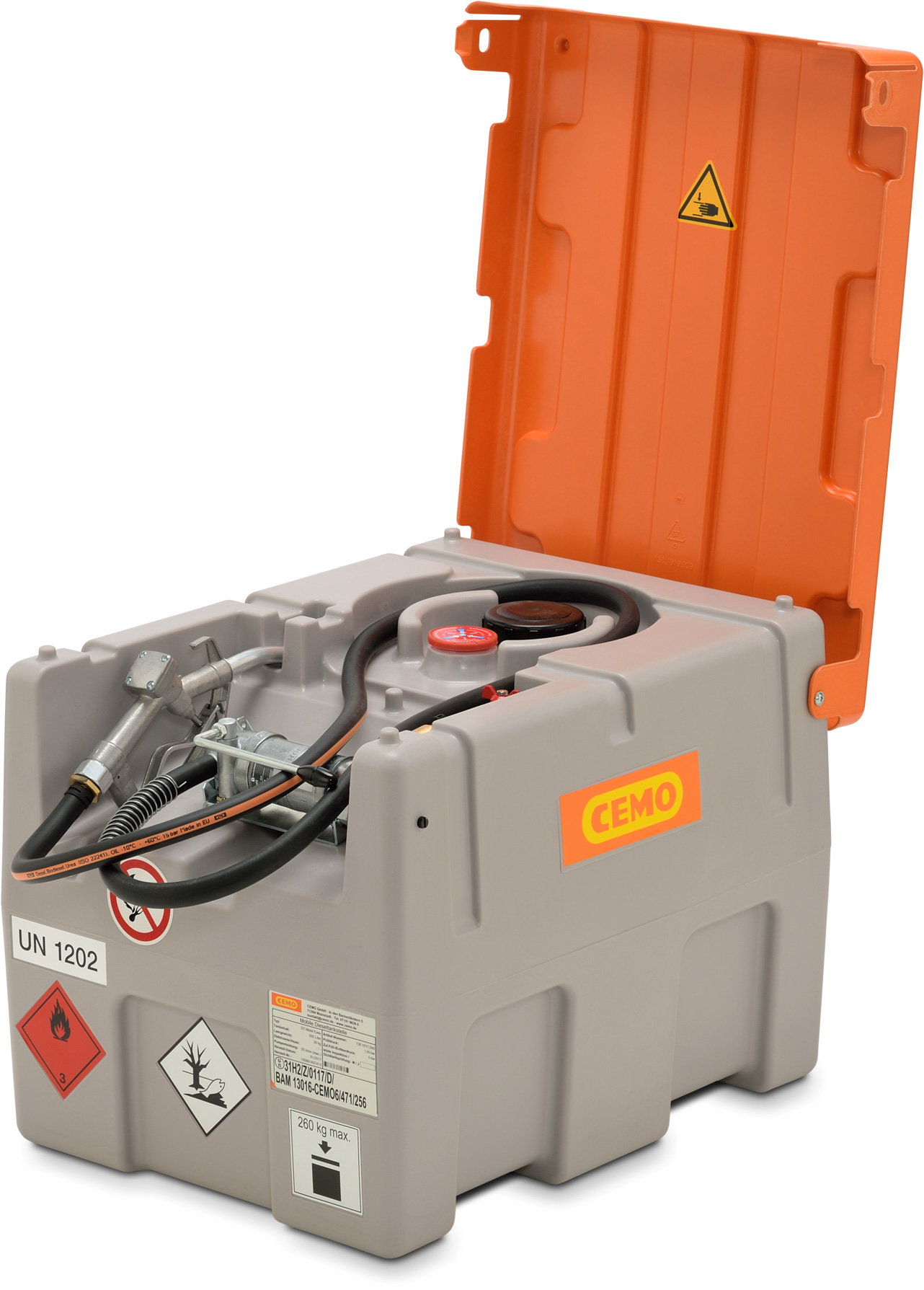 10080_02 Beispiel CEMO DT-Mobil Easy 200 Liter mit Handpumpe - Klappdeckel geöffnet