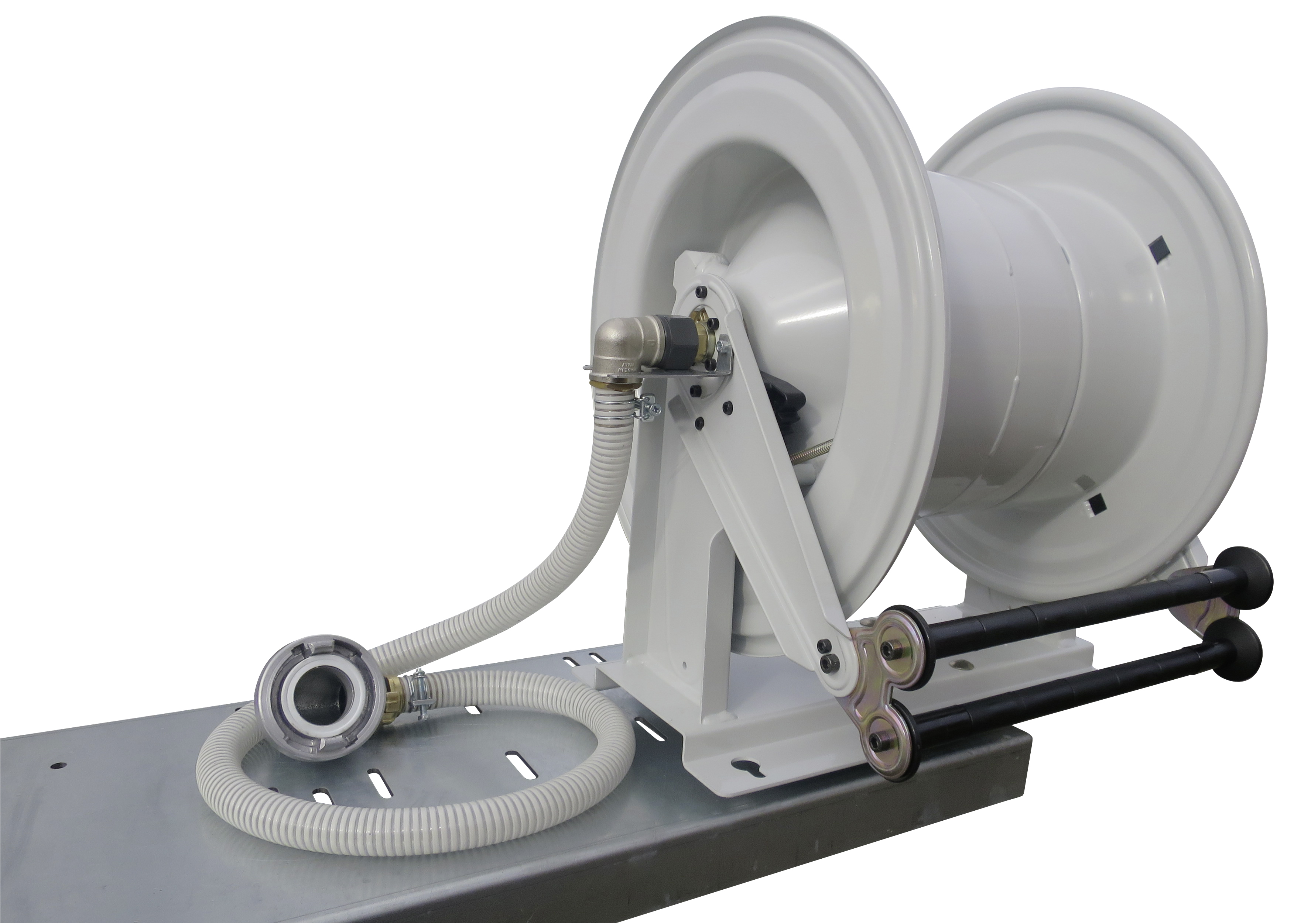 10862_Schlauchaufroller-grau-lackiert Automatil-Schlauchhaspel mit Federrückzug schwenkbar