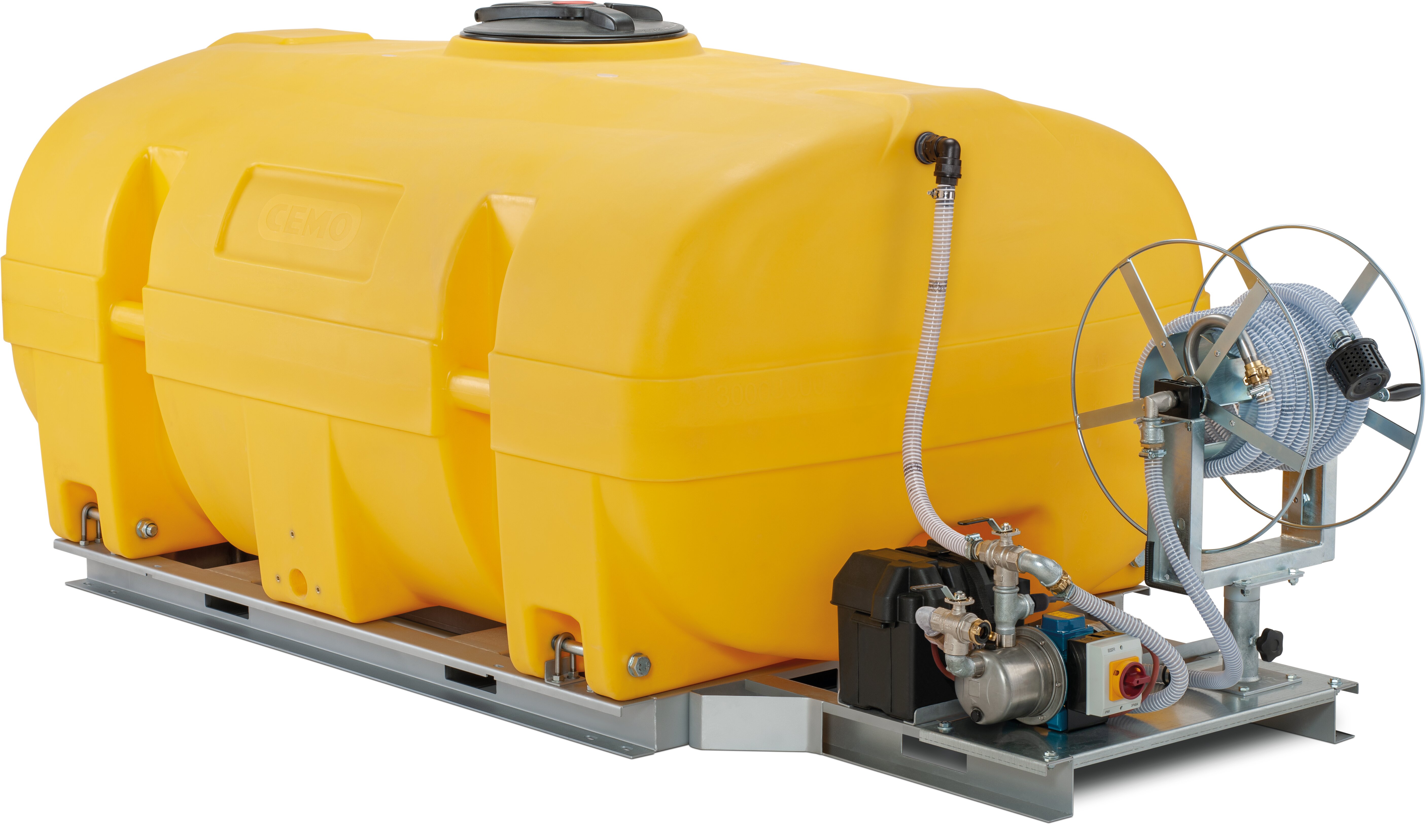 tank, Wassertank, gelber Tank, landwirtschaftlicher Sprüher, Schlauchrolle