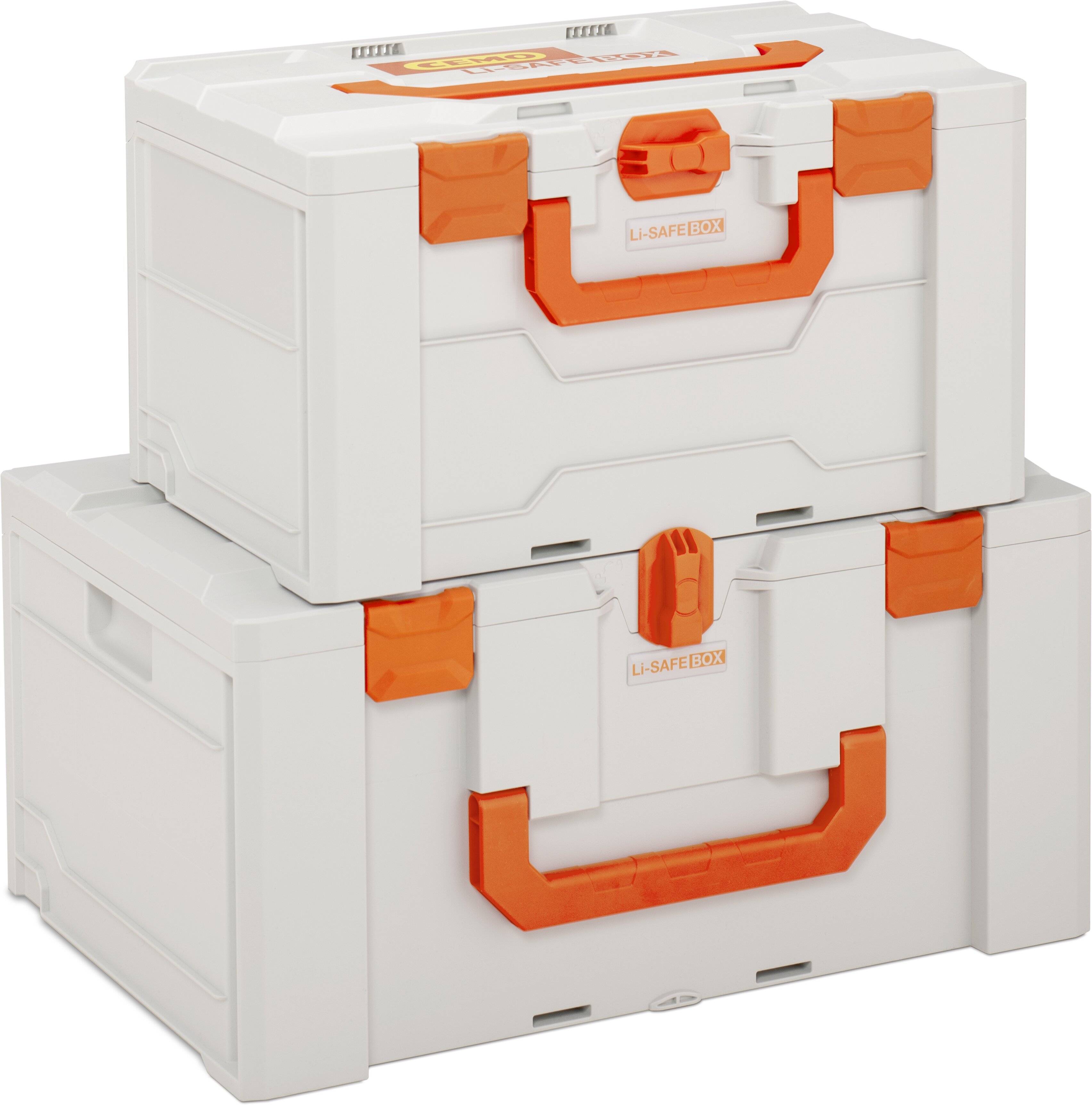 Lithium-Sicherheitsbox, Kunststoffbox, Weiß-Orange, Tragegriff, Stapelbar