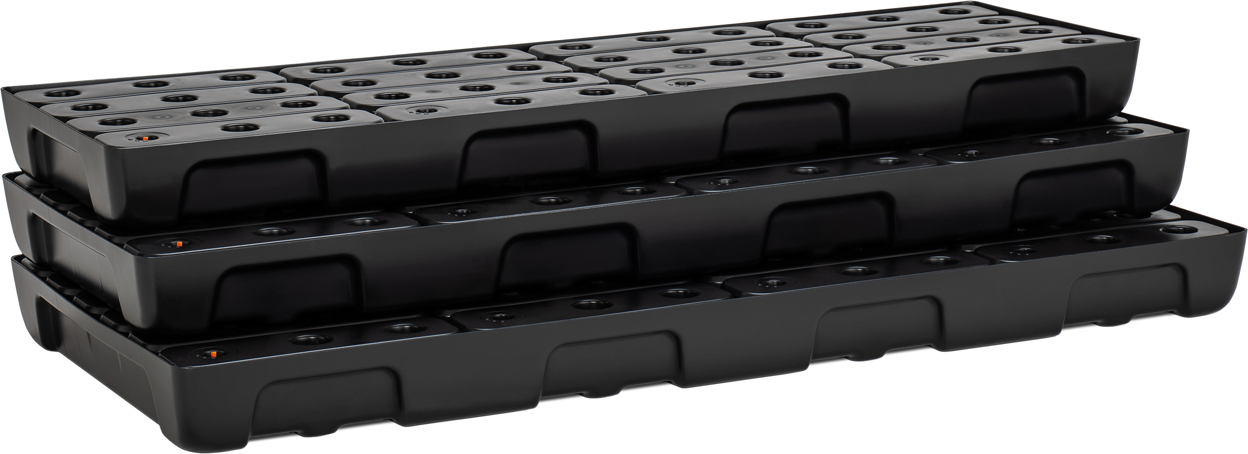 11740-11738-11736_01_PE_Kleingebinde-Regalwannen-gestapelt_PE-Rost_2022-12 PE-Kleingebinde-Regalauffangwannen 13|4 - 13|5 und 13|6 mit PE-Rost gestapelt