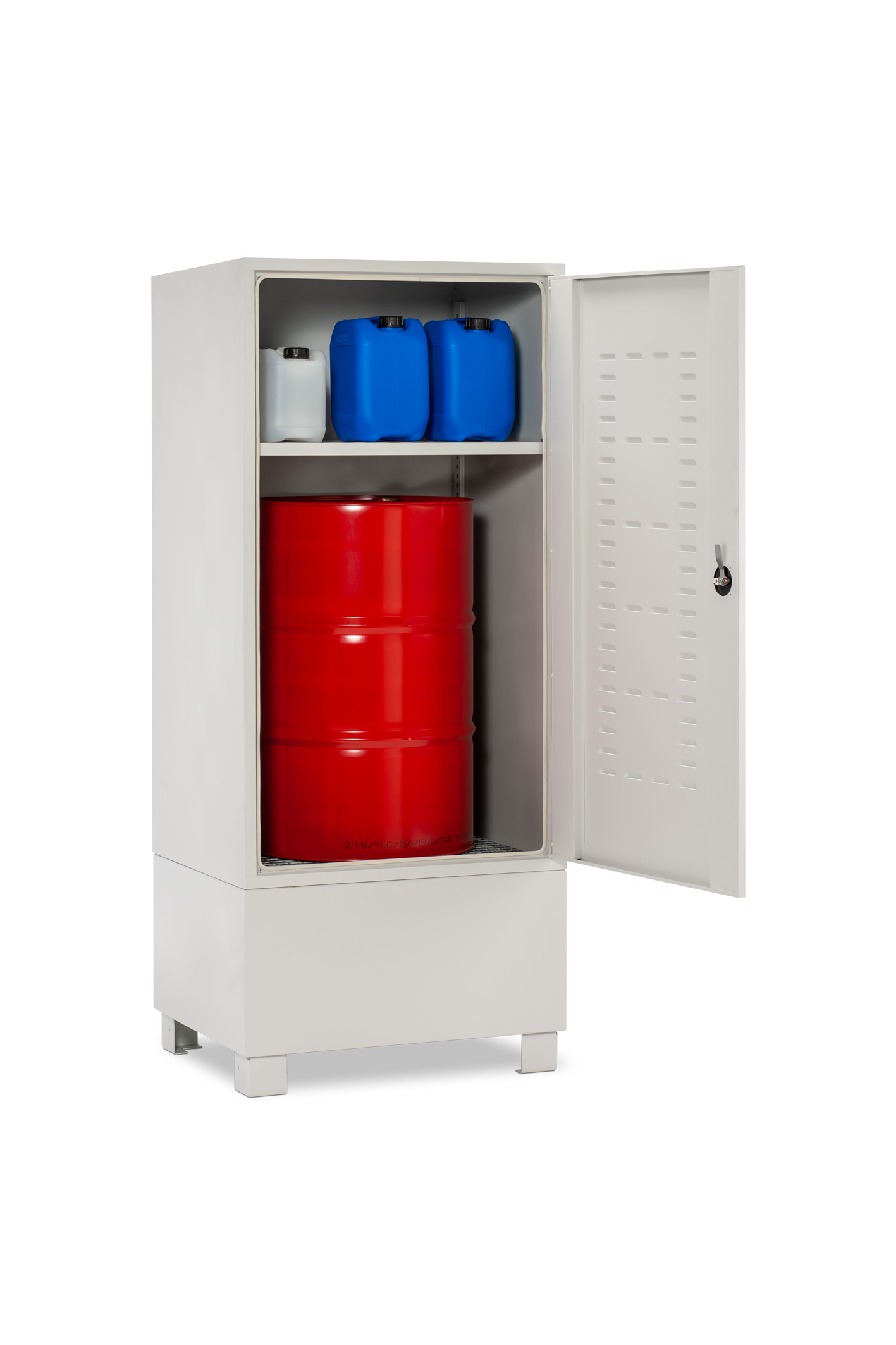 11699_06_Gefahrstoffdepot_-11701_Fachboden_2022-04 Beispiel: Cemo Gefahrstoffdepot 11699 kompakt 220 für 1 Fass mit gelochtem Fachboden für Kanister und Kleingebinde