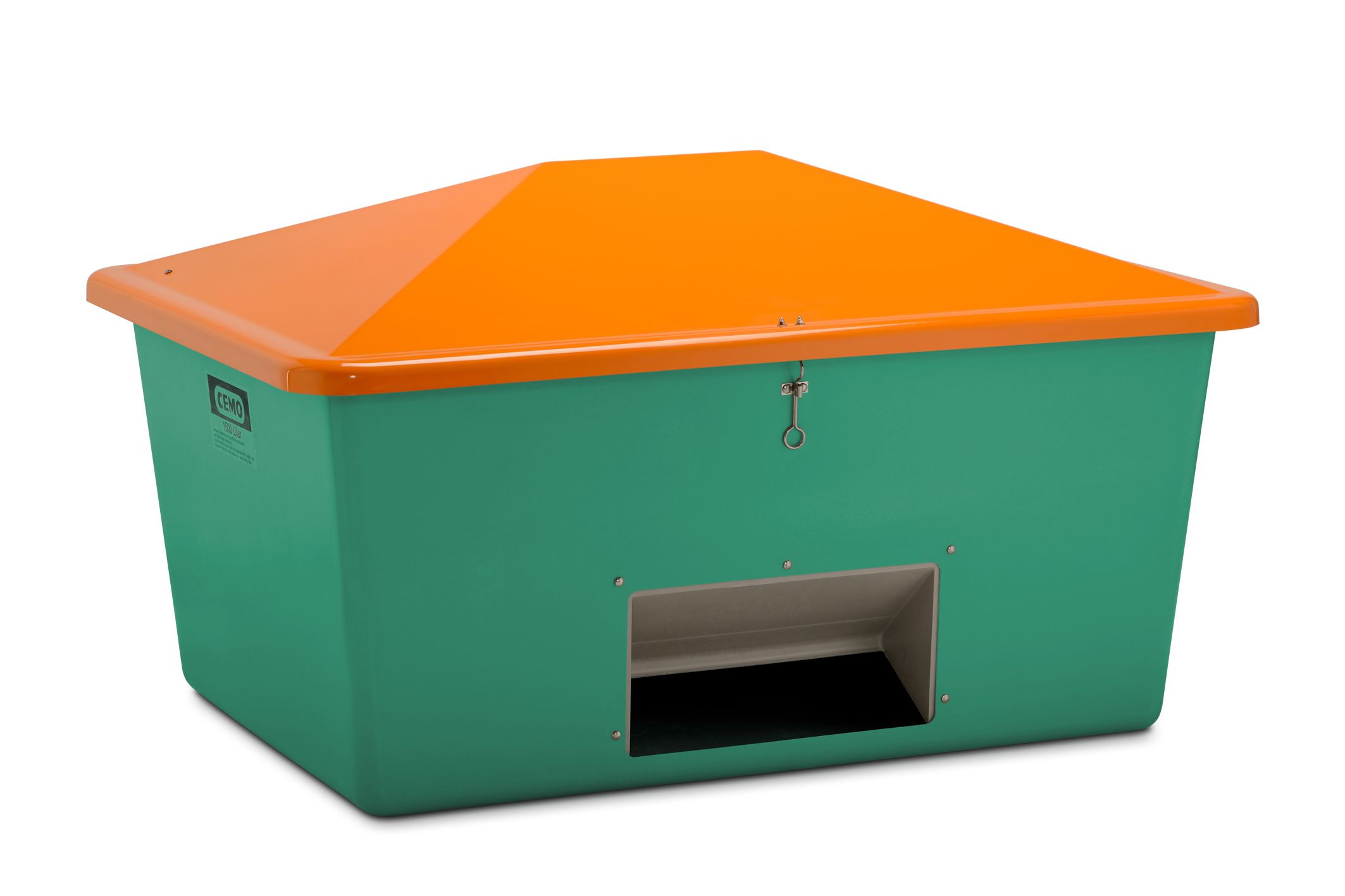 Streugutbehälter aus GFK ab 550 Liter, Entnahmeöffnung,  Behälter grün, Entnahmeöffnung, Deckel orang