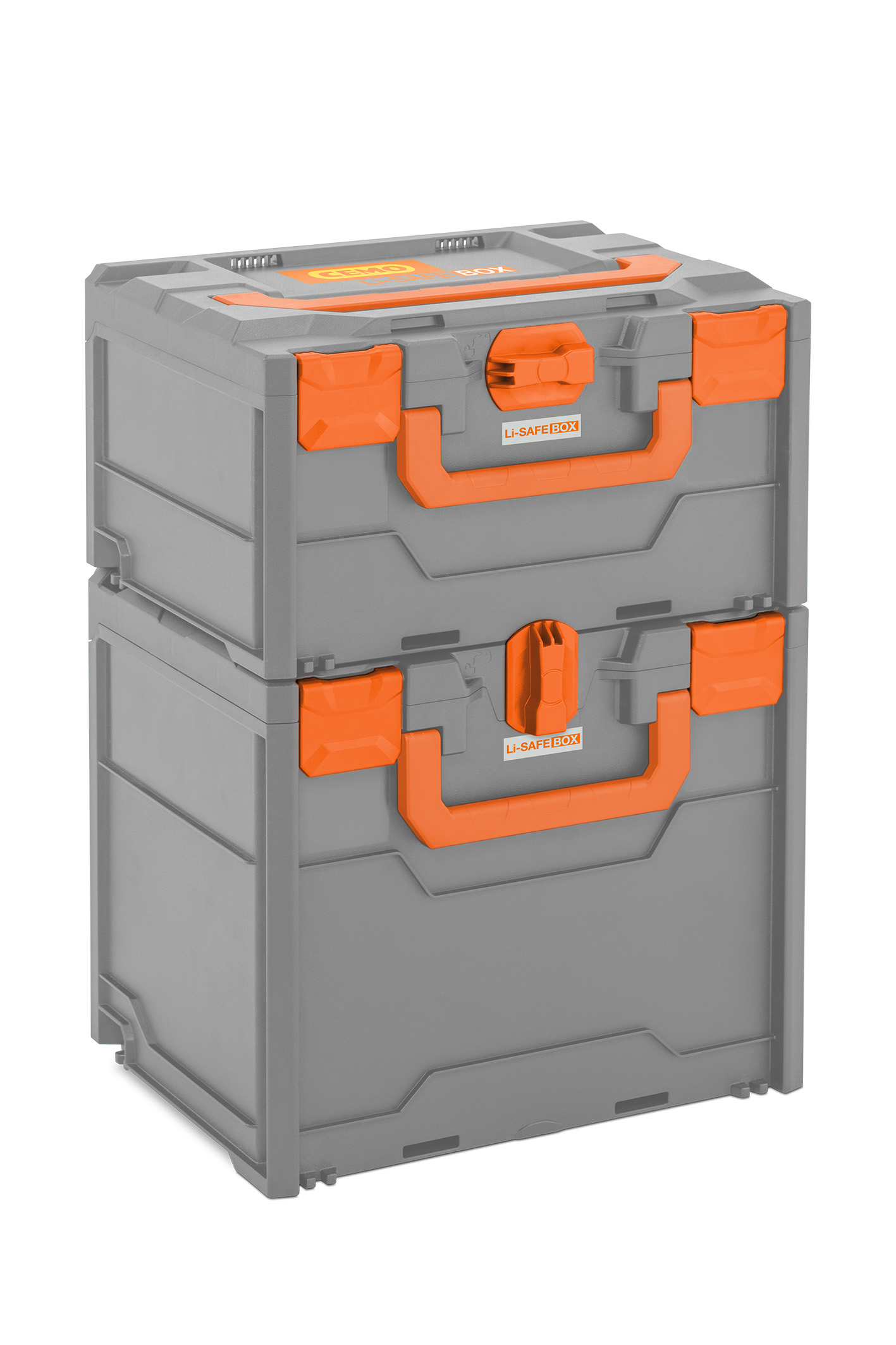 Beispiel Akku-Systembrandschutzbox Li-SAFE Größe 3-S mit UN-Zulassung – gestapelt mit Größe 2-S
