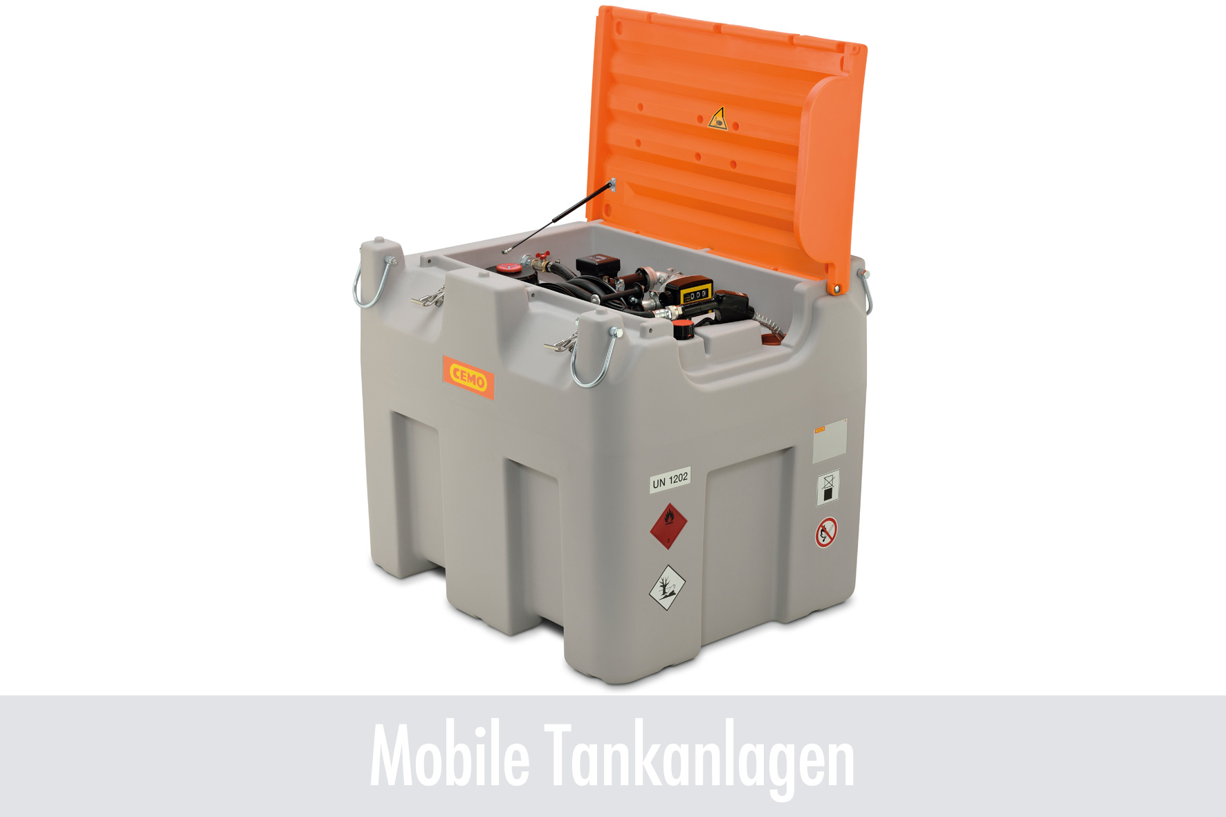 mobiler Tank, Chemikalienfass, Kraftstoffbehälter, oranges Deckel, UN 1202, mobile Tank, Diesel Tank, Oranger Deckel, Grauer Behälter, UN 1202