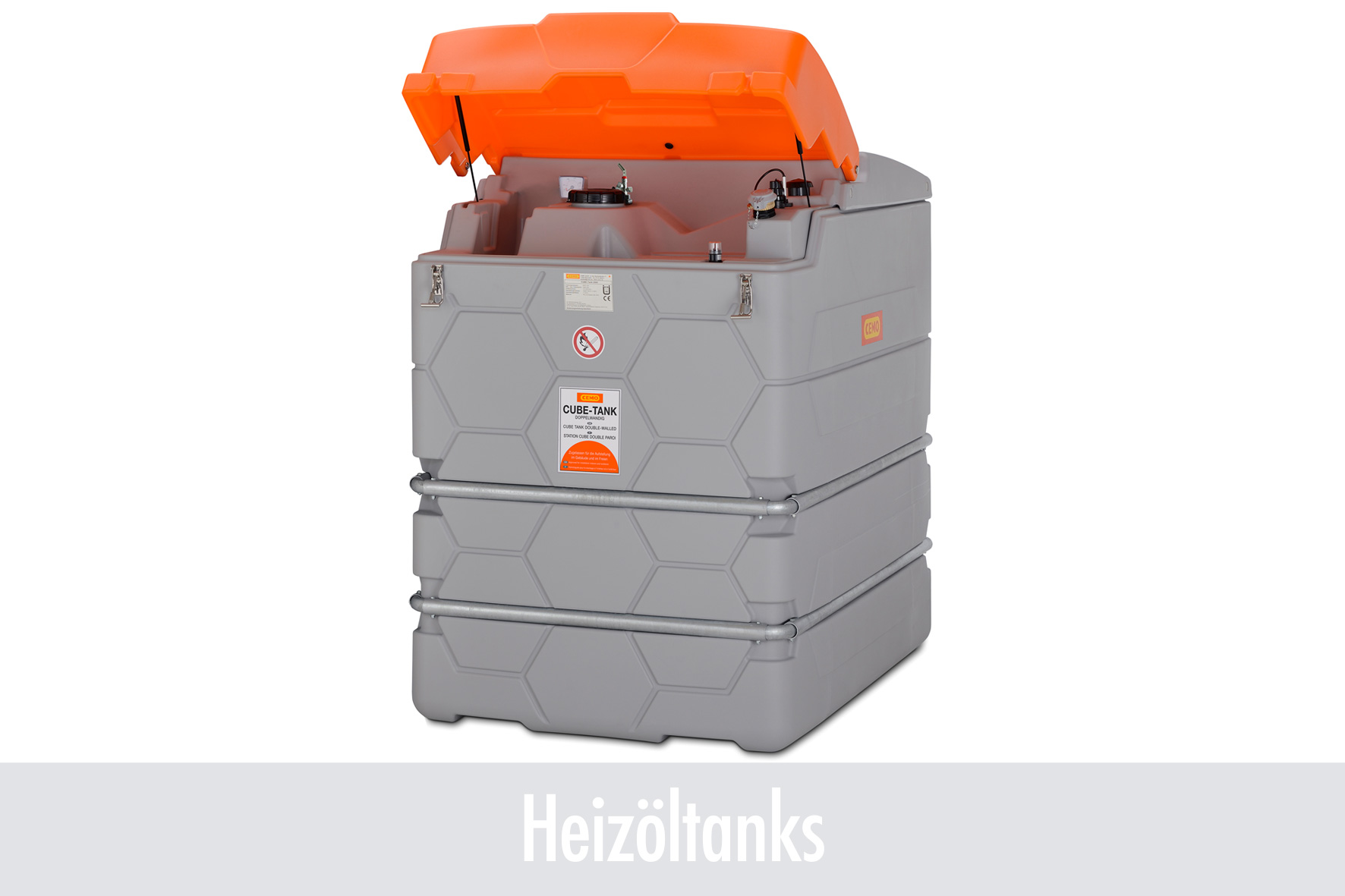 Heizöltanks, Kraftstofftank, Graugrün, orange Deckel, Stoßfeste Konstruktion