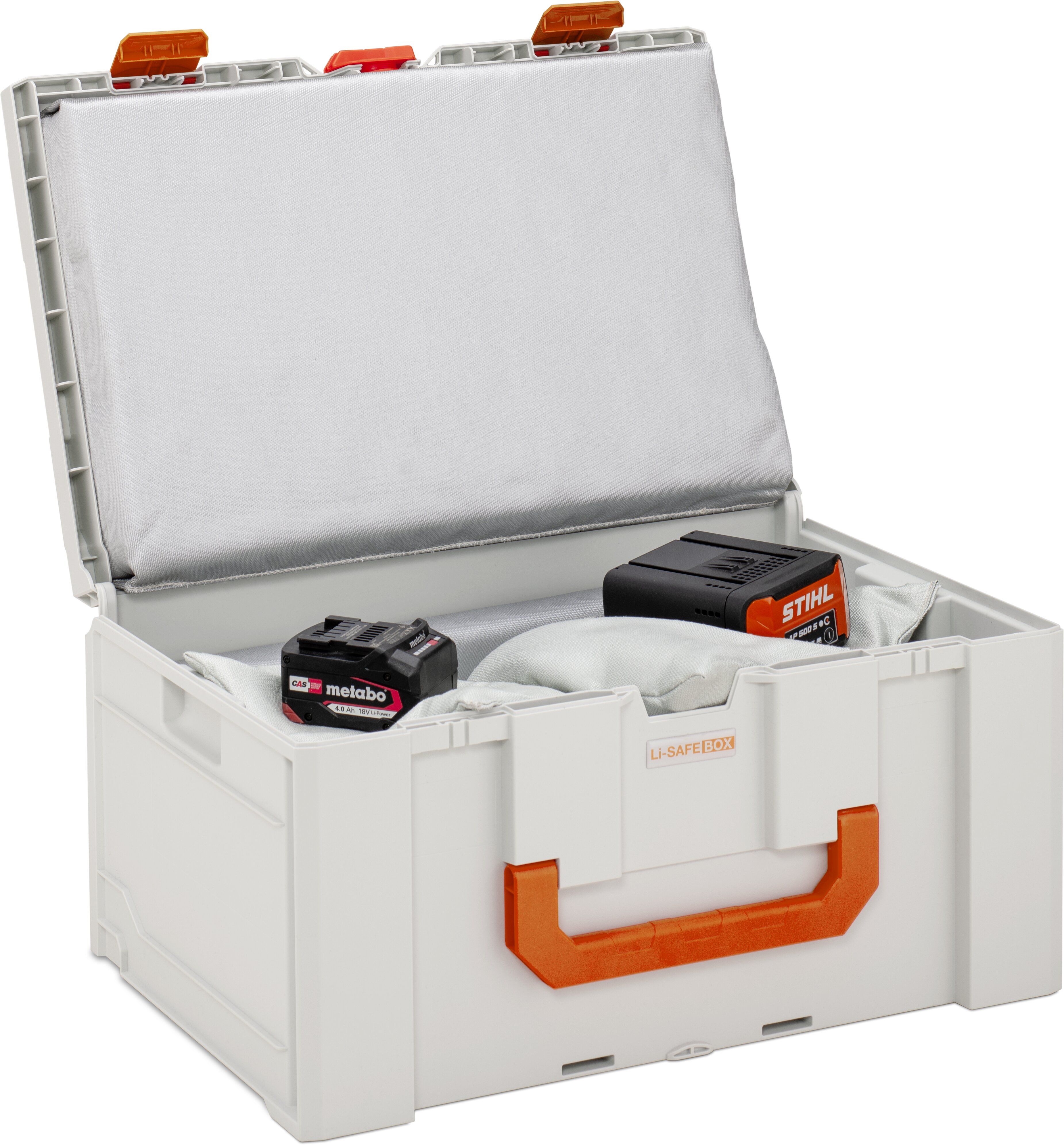 Akku-Aufbewahrungsbox, Kunststoffbox, weißer Koffer, orangefarbener Griff, gepolsterter Deckel