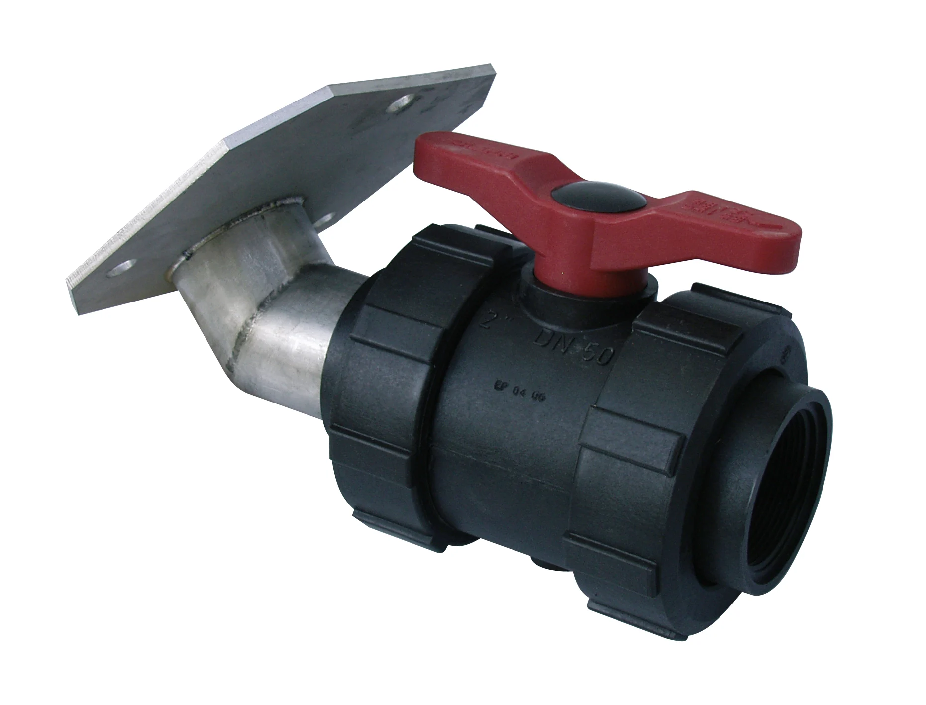 49d433995a918d9313f343df8e349099 PVC-Kugelhahn, Edelstahlflansch, 2" IG