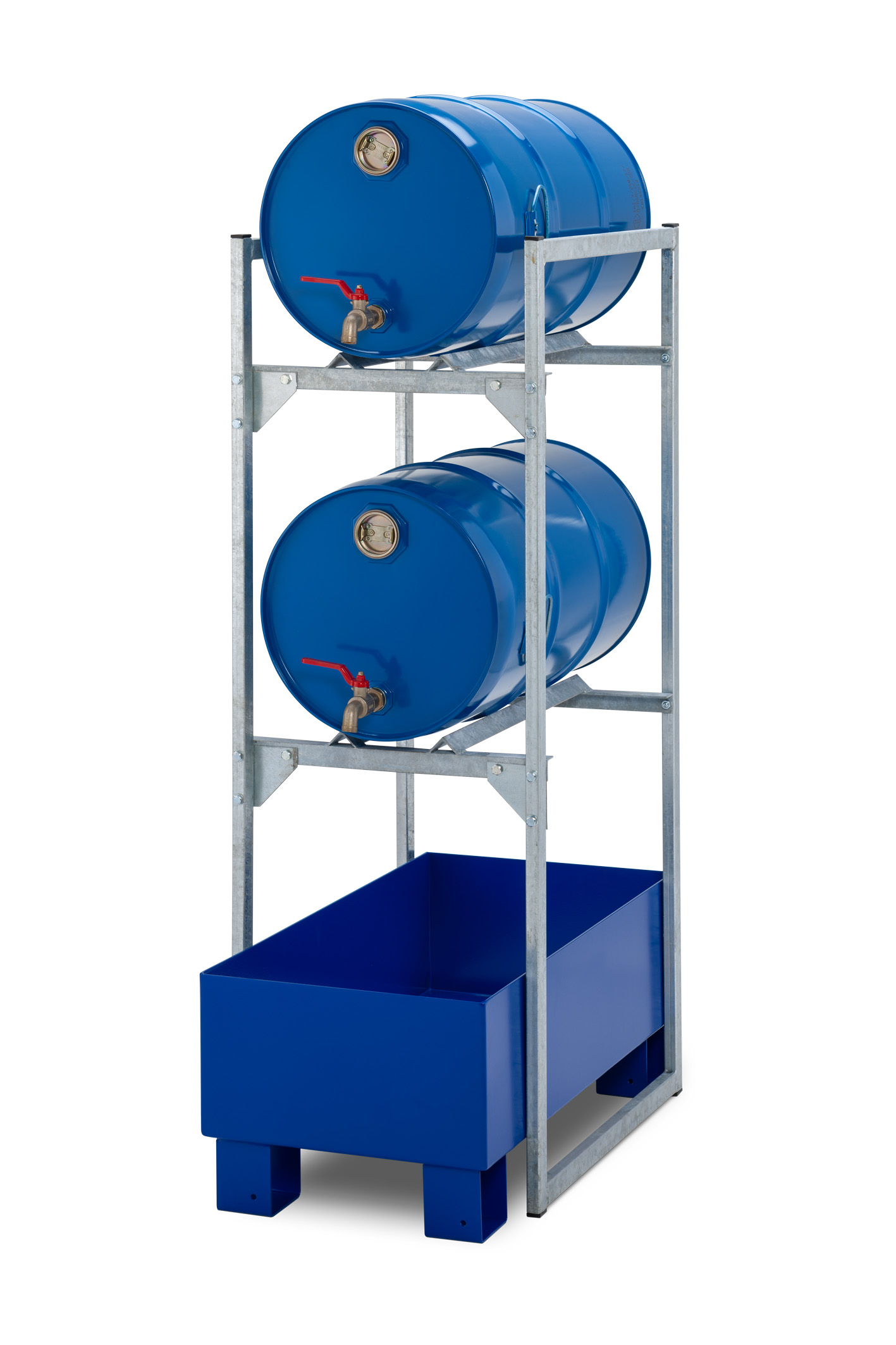 Beispiel für 2x 60-Liter-Fässer: Cemo Fassregal Ty 120 mit Stahlauffangwanne und Fassauflagen