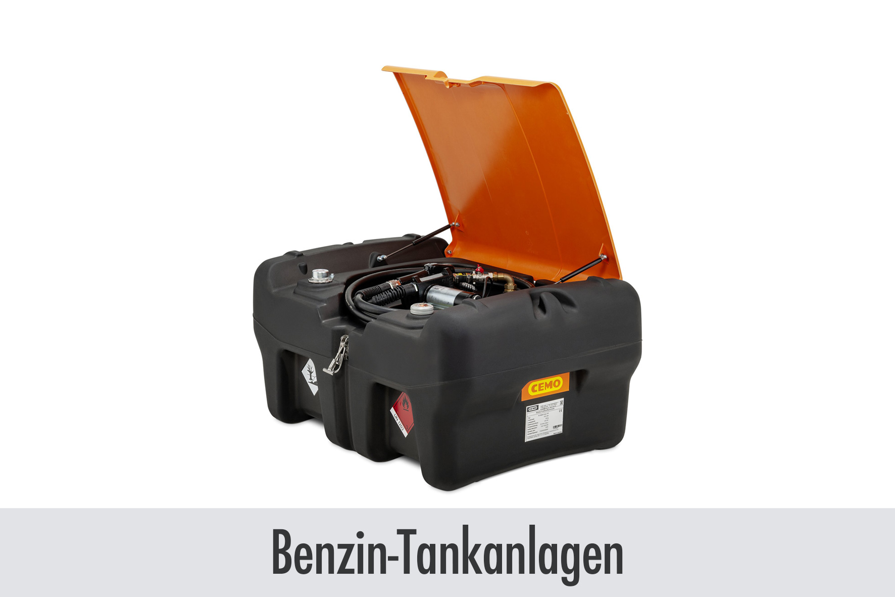 Kraftstofftank, Benzintank, orange Deckel, Schwarz Tank, Kraftstoffbehälter, Gasmotor, Benzin Tank, Kraftstoffbehälter, Kraftstofftank, Container, Kraftstofftank, Benzin Tankanlage, Kraftstoffbehälter, orange Deckel, Industrieller Transporttank, Benzin-Ta