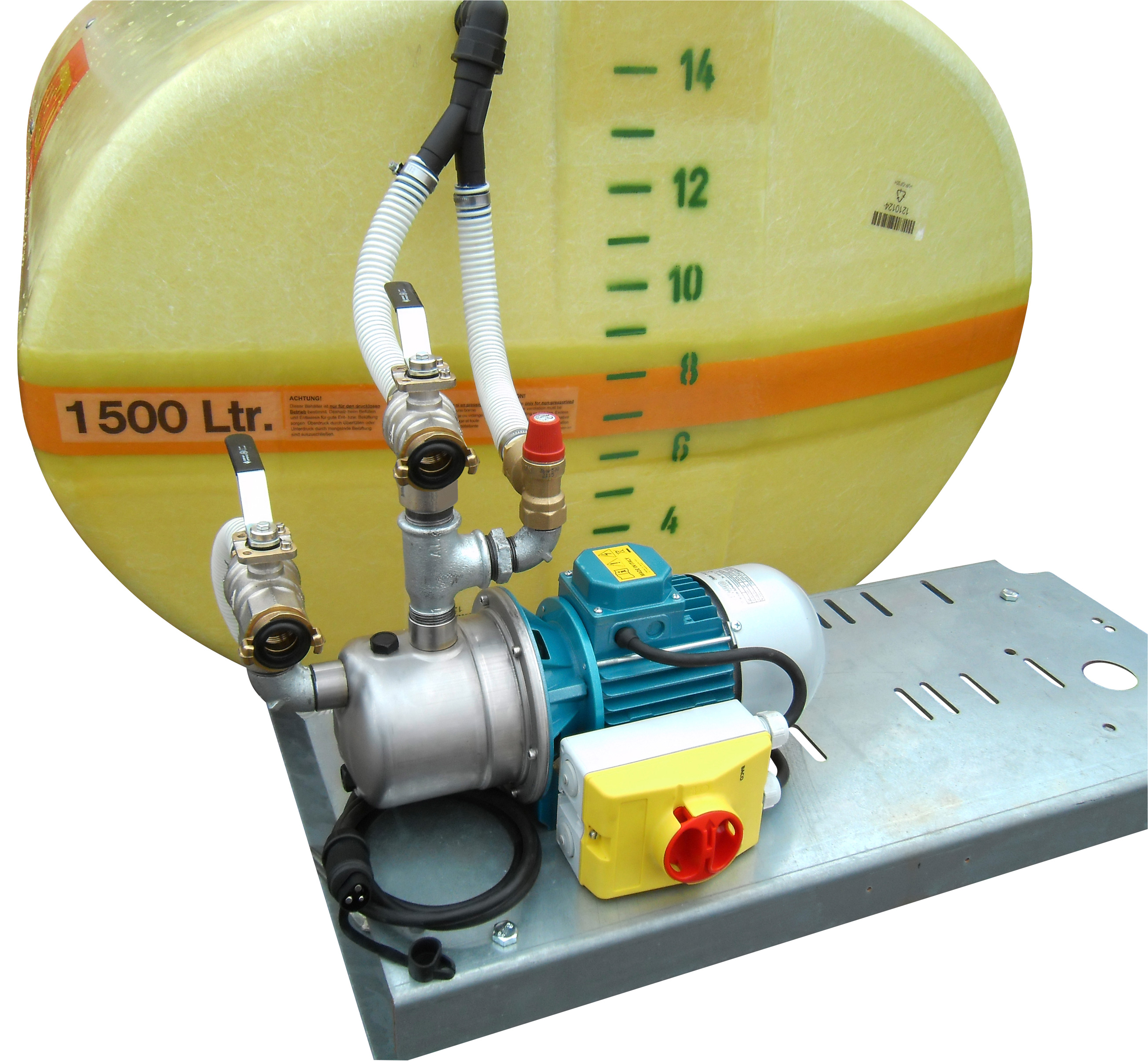 10861_Elektropumpe-60l-min-24V Beispiel Elektropumpe 24 Volt bis 60 l/min montiert an GFK-Fass