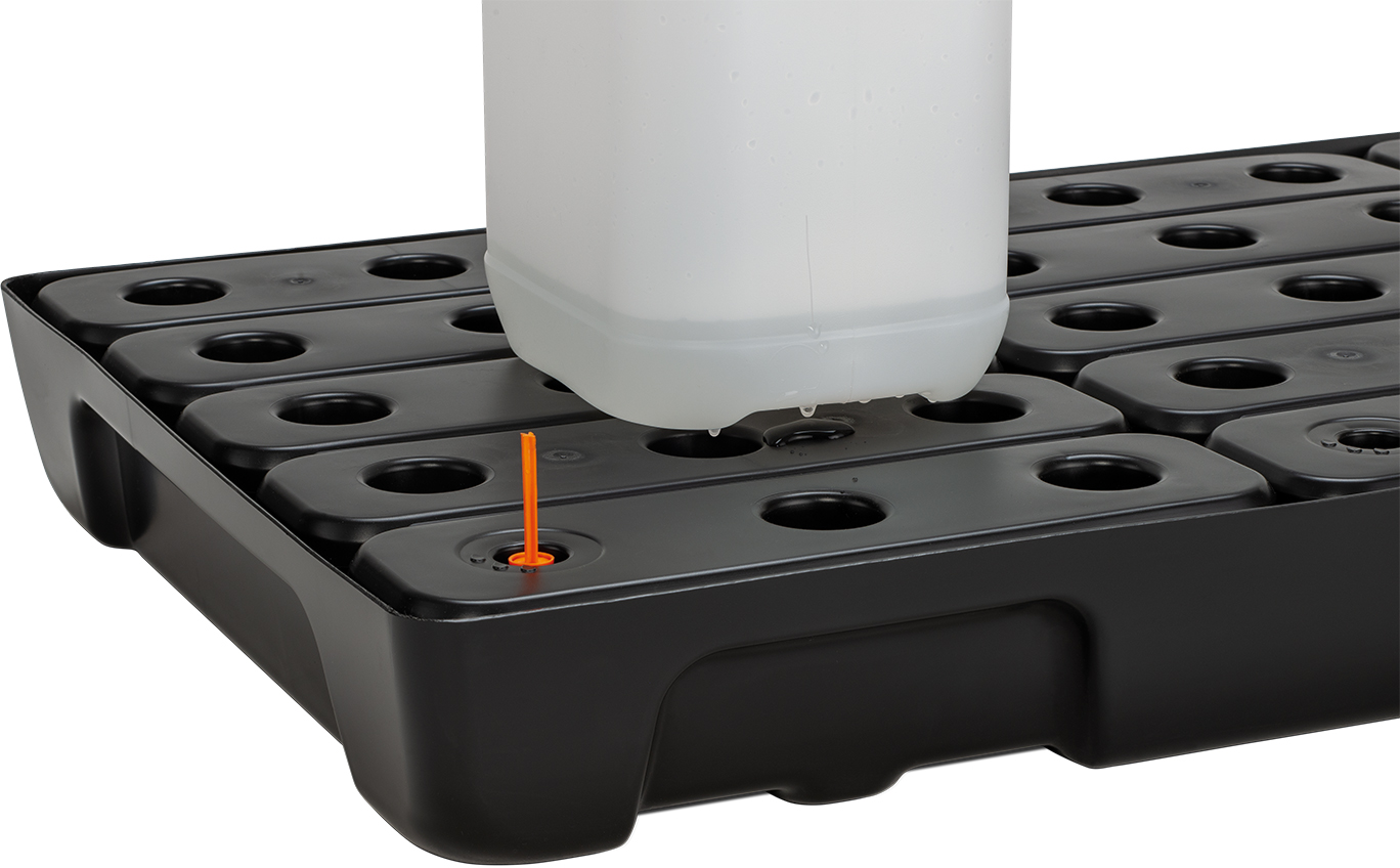 11732_11738__04_Detail_PE_Kleingebinde-Regalwanne_PE-Rost_Schwimmer_Kanister_2022-12 PE-Kleingebinde-Regalauffangwannen – optische Leckageanzeige Flüssigkeitsaustritt auf einen Blick erkennen