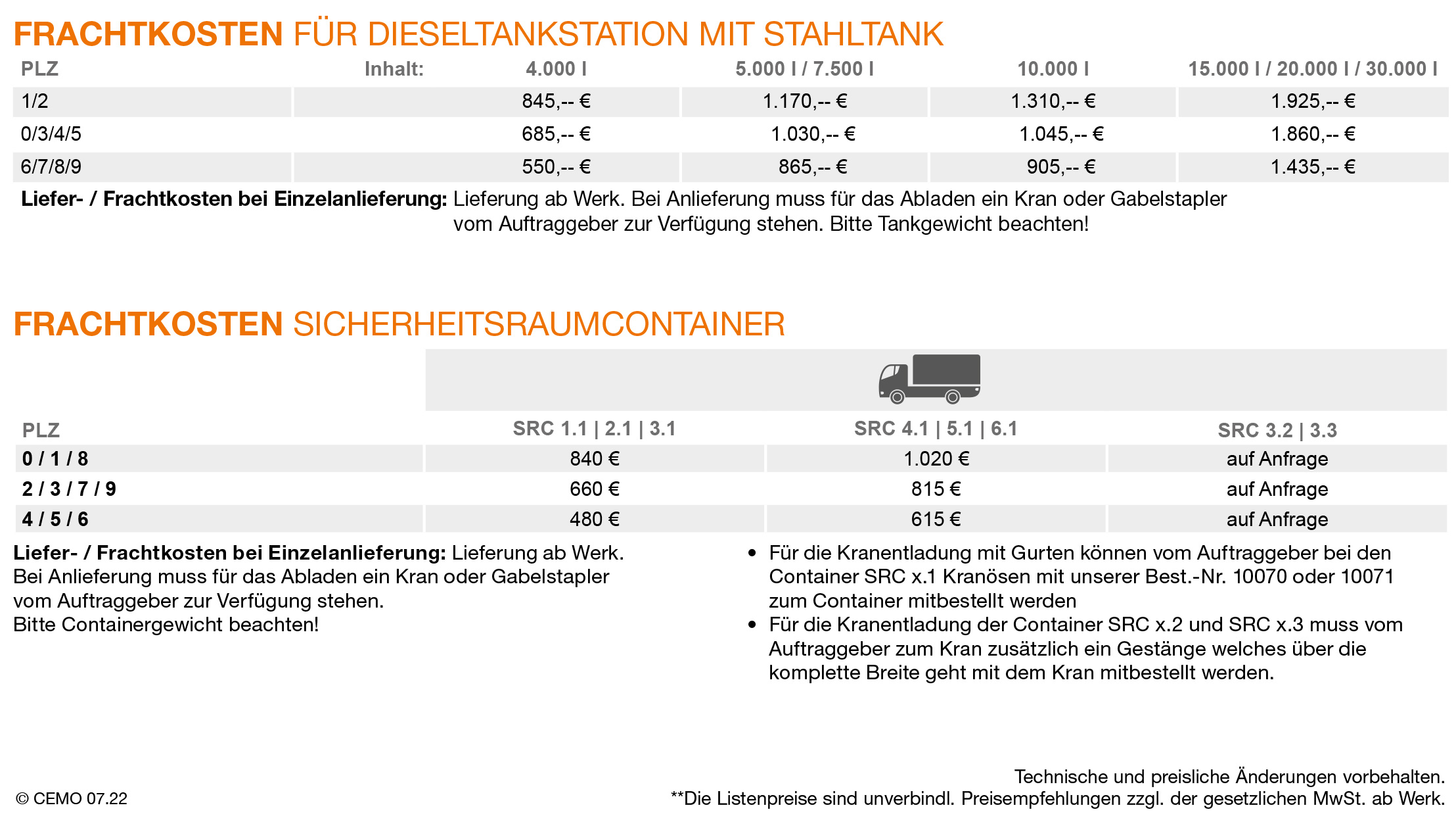 Frachtkosten DE Stahltanks und Container